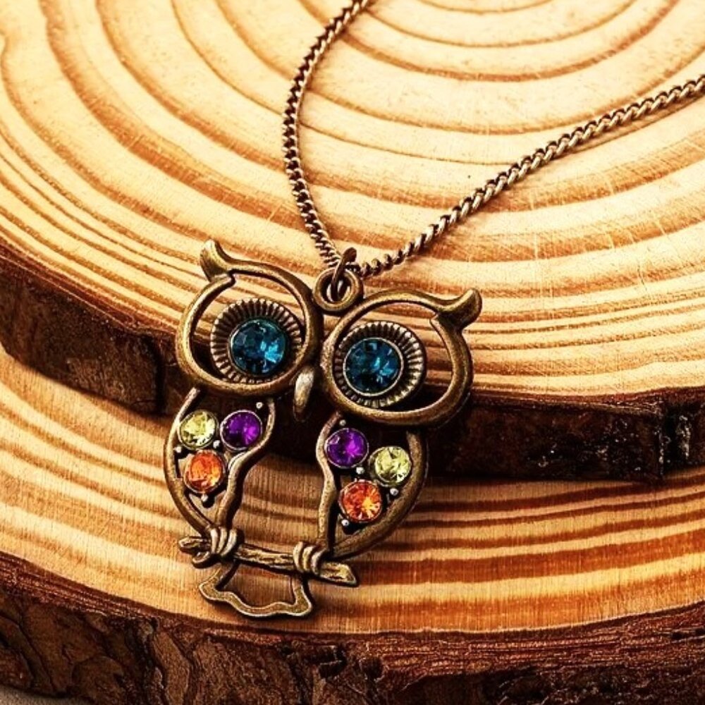 Owl Necklace Rhinestone 28" Pendant Retro Bird Bold Statment Stunning Stylish